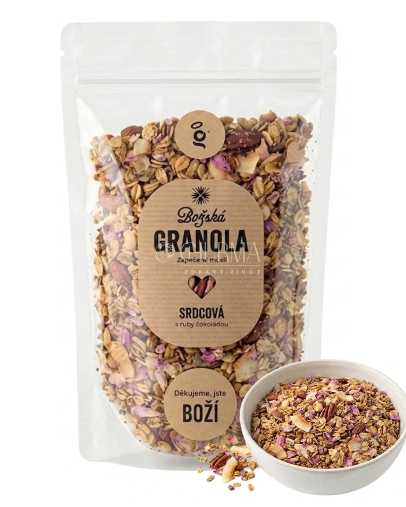 Božská granola s ruby čokoládou a okvětlími listky růže 250g.